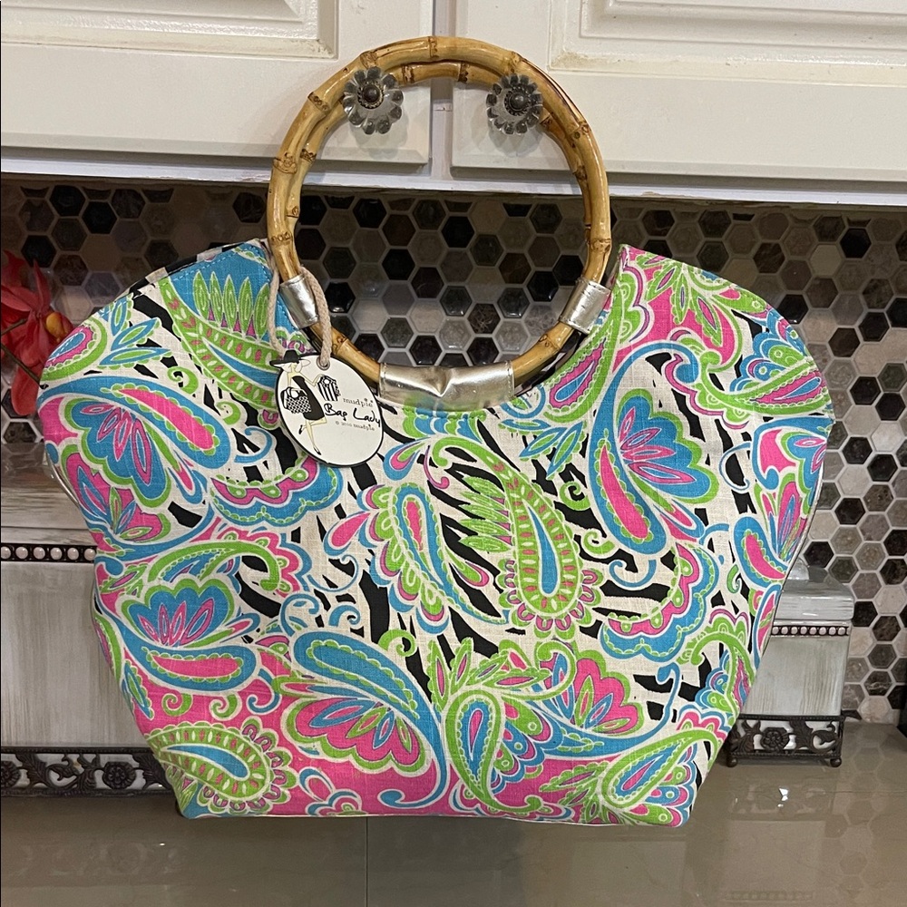 Mud pie Vibrant Paisley Tote with Bamboo Handles